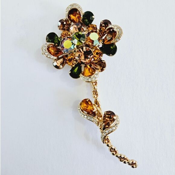 Vintage Large Rhinestone Amber Floral Flower Brooch Pin Juliana Weiss Kramer - Picture 1 of 16